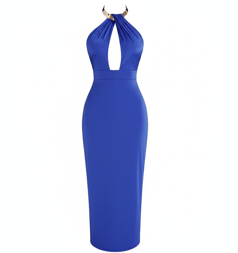 Królewska Sukienka Midi Bodycon Z Dekoltem Halter I Wycięciem